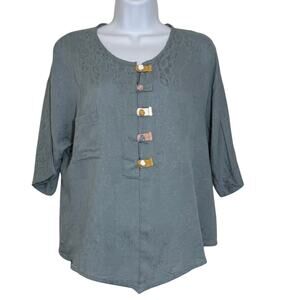 Flower House Girl XL NWT Boho Button Blouse Textured Blue Korean Mori Style Top